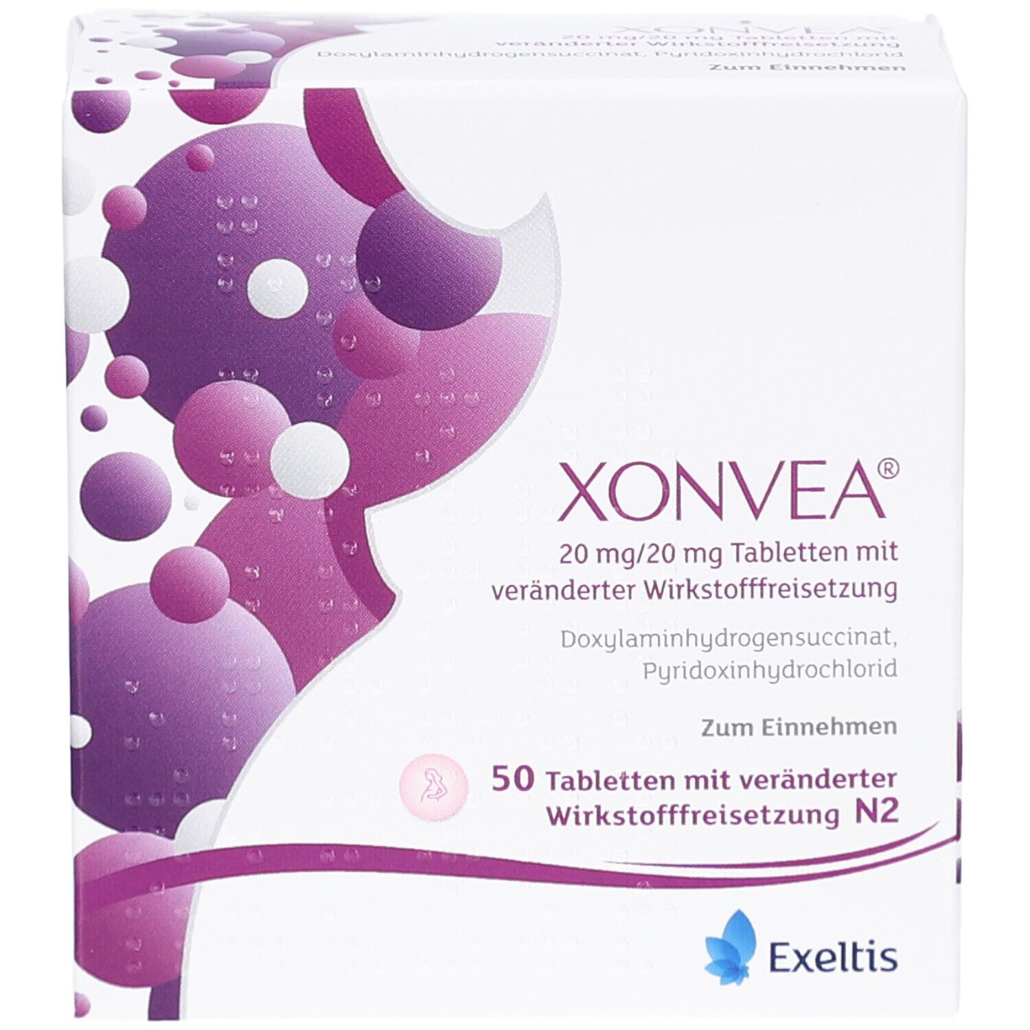 XONVEA-Verpackung. Weiße Schachtel mit lila Design. Text: 20 mg/20 mg Tabletten, 50 Tabletten, Zum Einnehmen. Exeltis-Logo.
