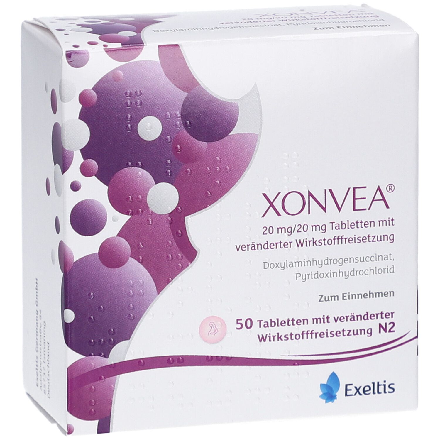 XONVEA-Verpackung. Weiße Schachtel mit lila Design. Text: 20 mg/20 mg Tabletten, 50 Tabletten, Zum Einnehmen. Exeltis-Logo.