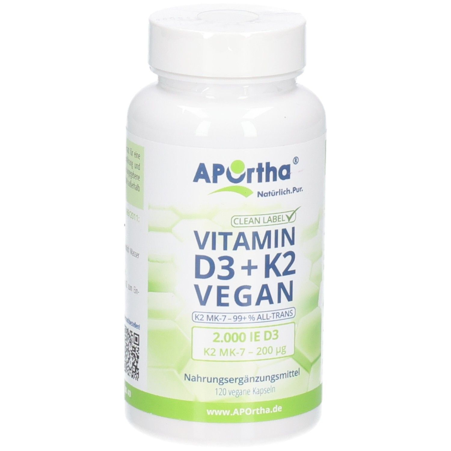 APOrtha® vegane Vitamin D3+K2 Kapseln: Weißer Behälter mit grünem Etikett, zeigt Produktinformationen und Markenlogo.