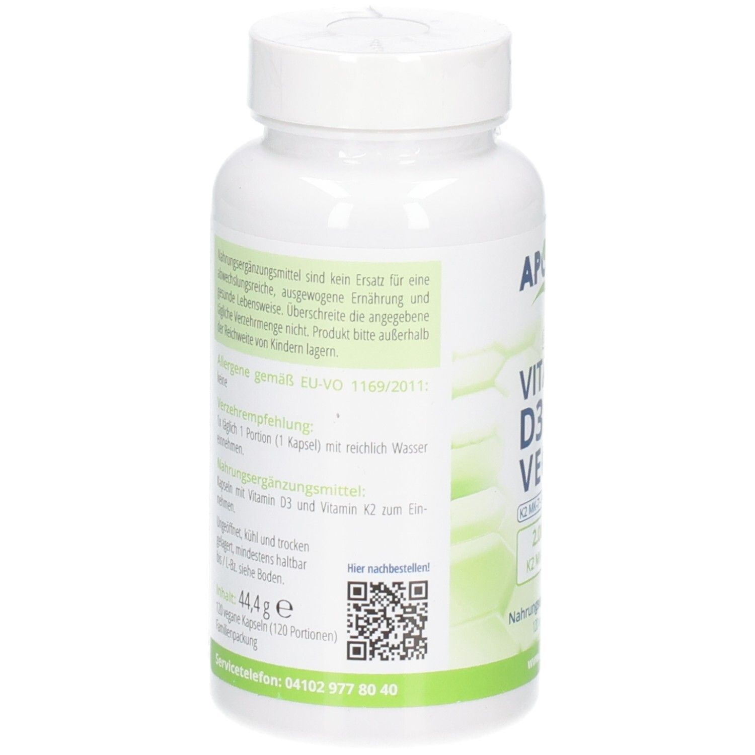 Rückseite des APOrtha® Vitamin D3+K2 Behälters mit detaillierten Nährwertangaben, Inhaltsstoffen und Anwendungshinweisen.