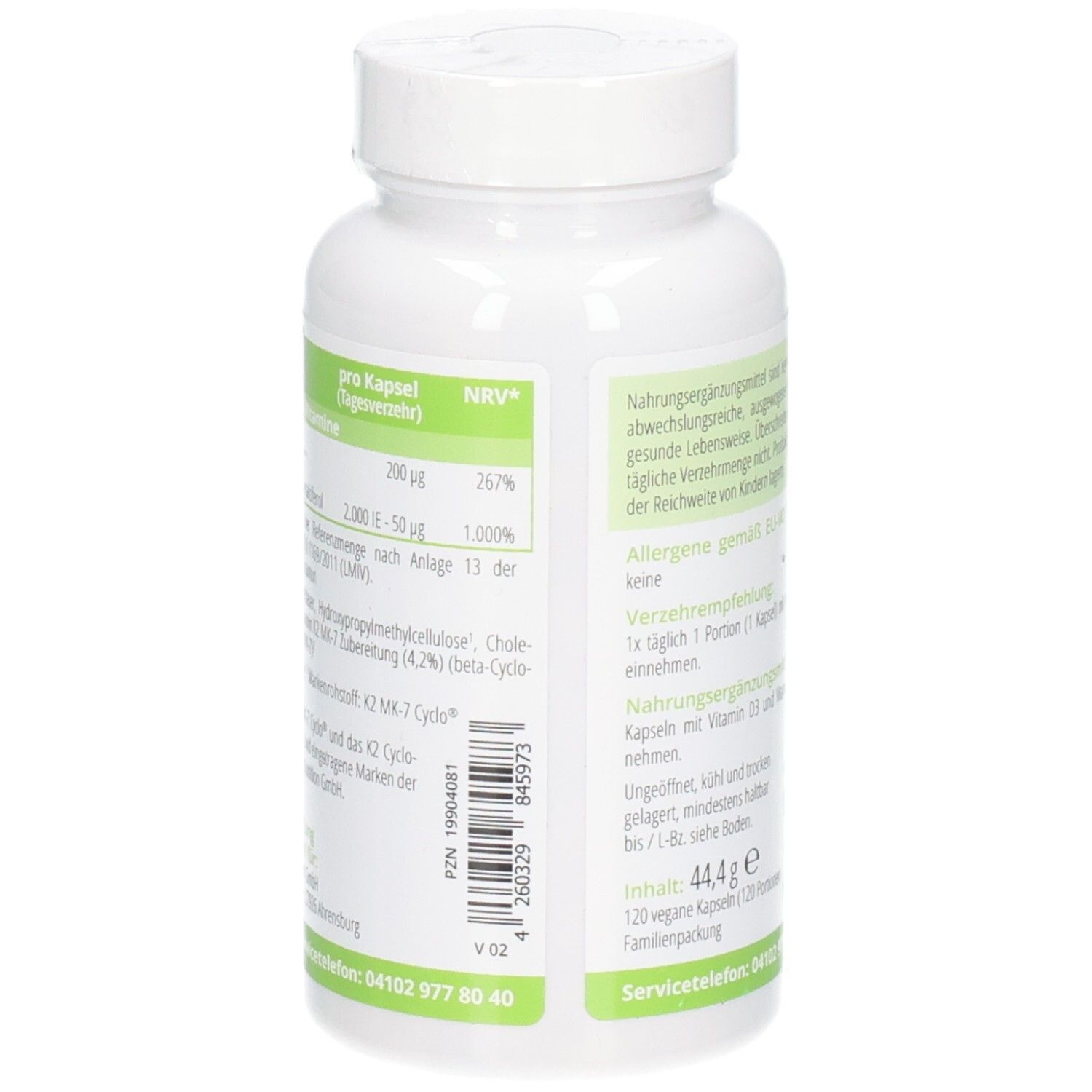 Seitenansicht des APOrtha® Vitamin D3+K2 Behälters, mit Fokus auf Nährwerttabelle und Produktinformationen auf dem Etikett.