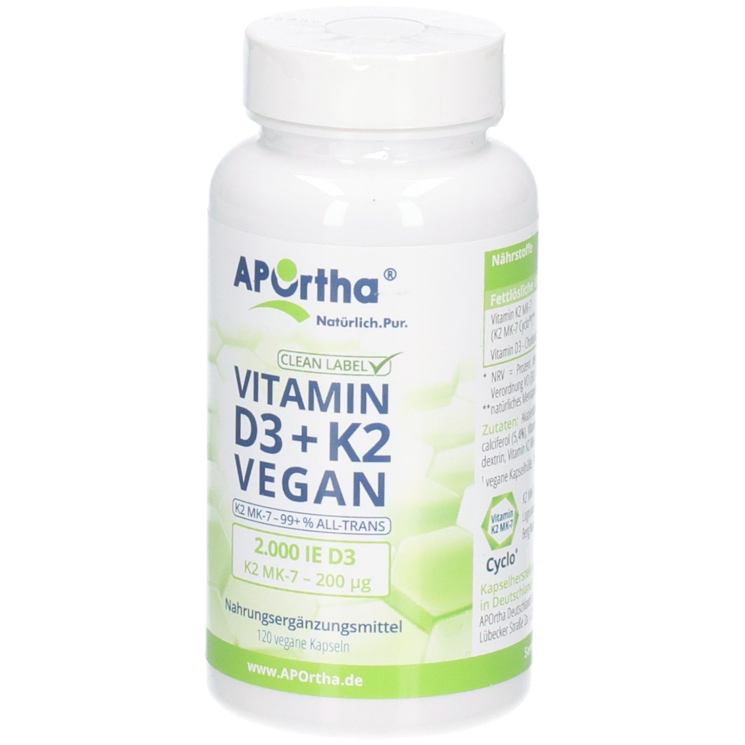 APOrtha® vegane Vitamin D3+K2 Kapseln: Weißer Behälter mit grünem Etikett, zeigt Produktinformationen und Markenlogo.