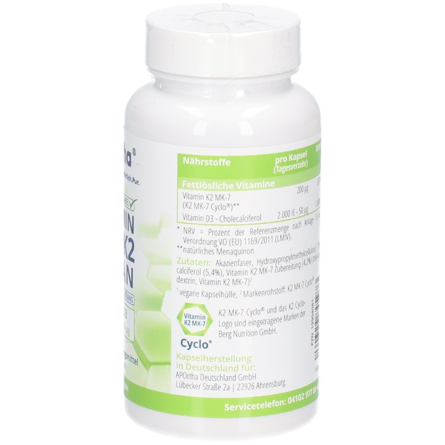 APOrtha® Vitamin D3+K2 Kapseln: Etikett mit detaillierten Nährwertangaben, Inhaltsstoffen und dem Hinweis 'Hergestellt in Deutschland'.