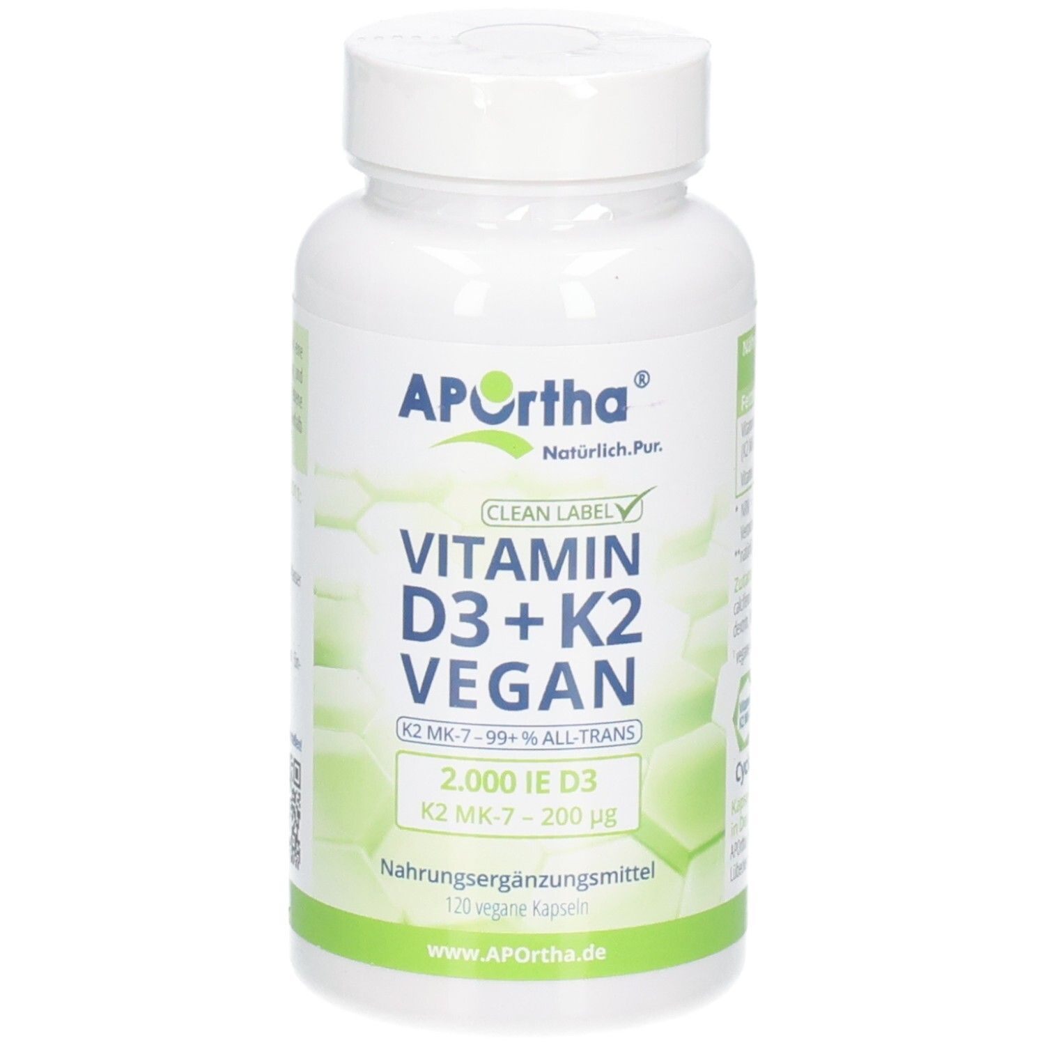 APOrtha® vegane Vitamin D3+K2 Kapseln: Weißer Behälter mit grünem Etikett, zeigt Produktinformationen und Markenlogo.