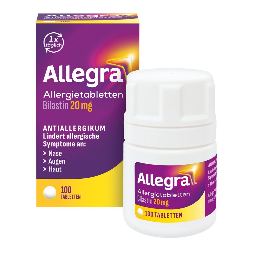 Packung und Flasche Allegra Allergietabletten. Lila und gelbes Design. Enthält 100 Tabletten. Text: Bilastin 20 mg.