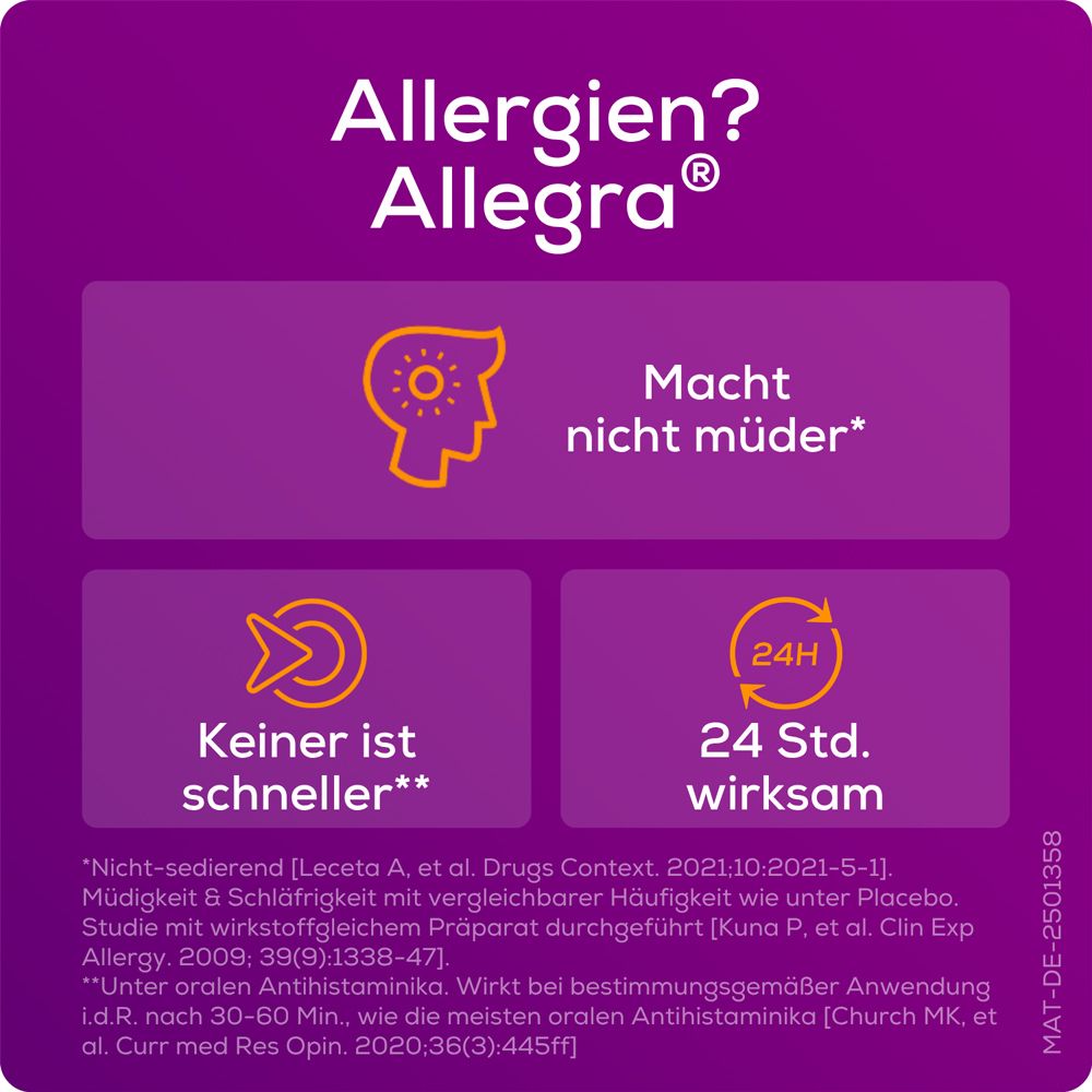 Allegra: Macht nicht müder, keiner ist schneller, 24 Std. wirksam.