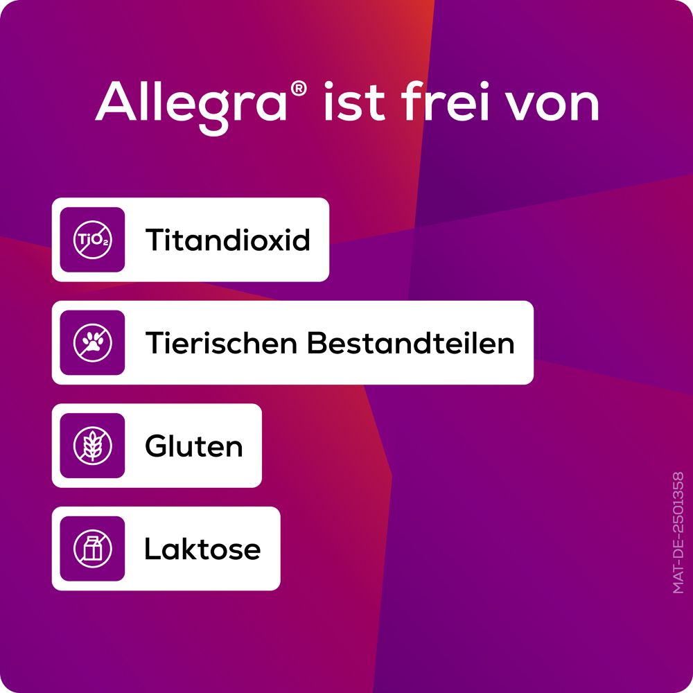 Grafik mit Symbolen: Titandioxid, tierische Bestandteile, Gluten, Laktose. Text: Allegra ist frei von...