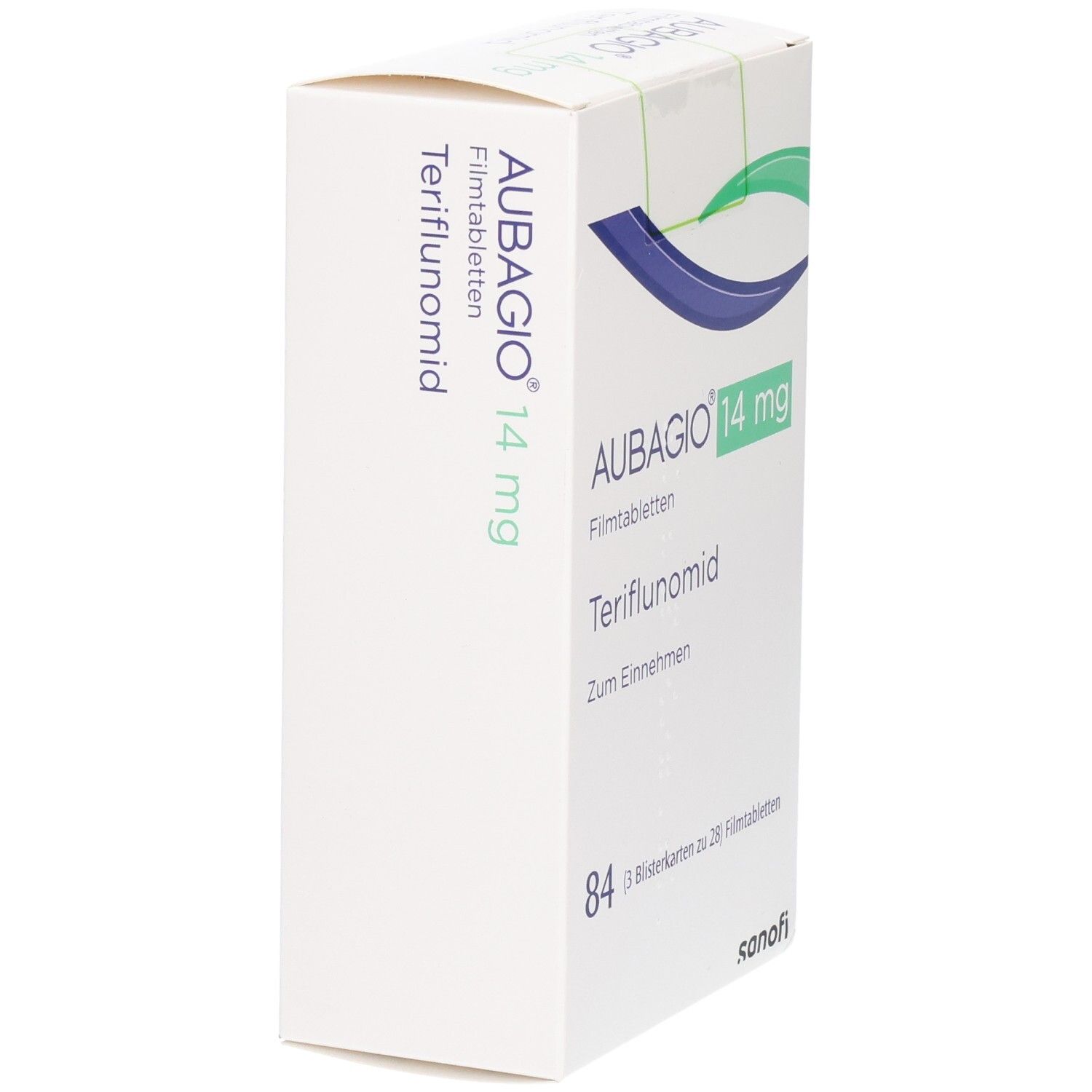 AUBAGIO 14 mg Filmtabletten-Packung. Seitenansicht. Aufschrift: Teriflunomid. Sanofi-Logo. Enthält 84 Tabletten.