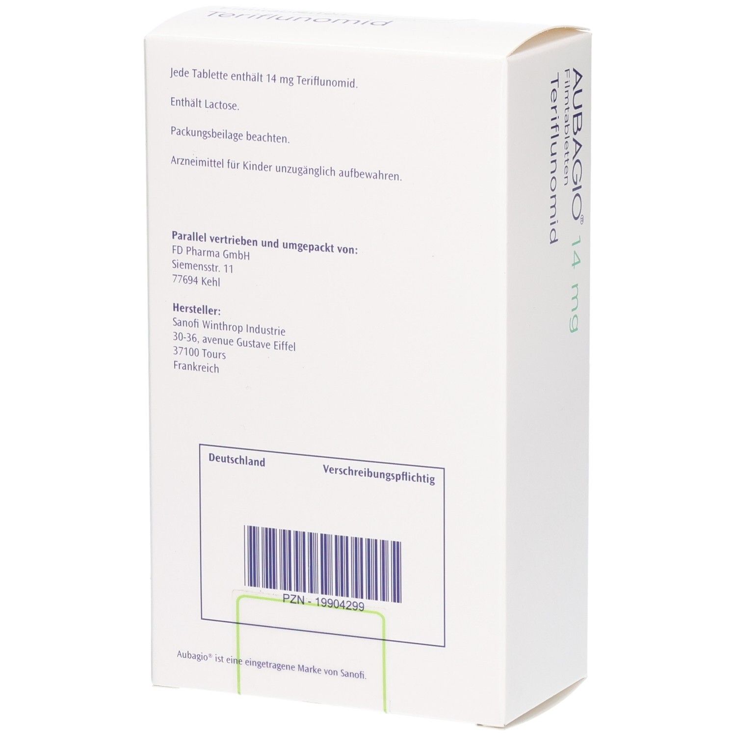 Rückseite der AUBAGIO 14 mg Filmtabletten-Packung. Enthält Informationen und Barcode. Hersteller: Sanofi.