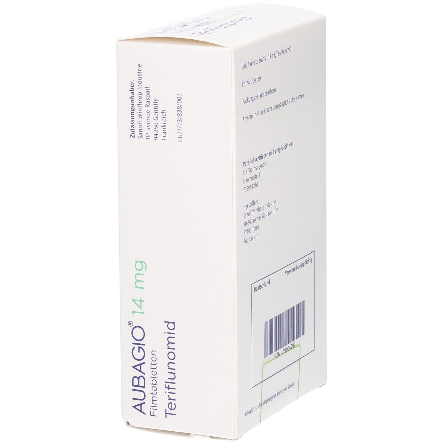 AUBAGIO 14 mg Filmtabletten-Packung. Seitenansicht mit Informationen und Barcode. Hersteller: Sanofi.