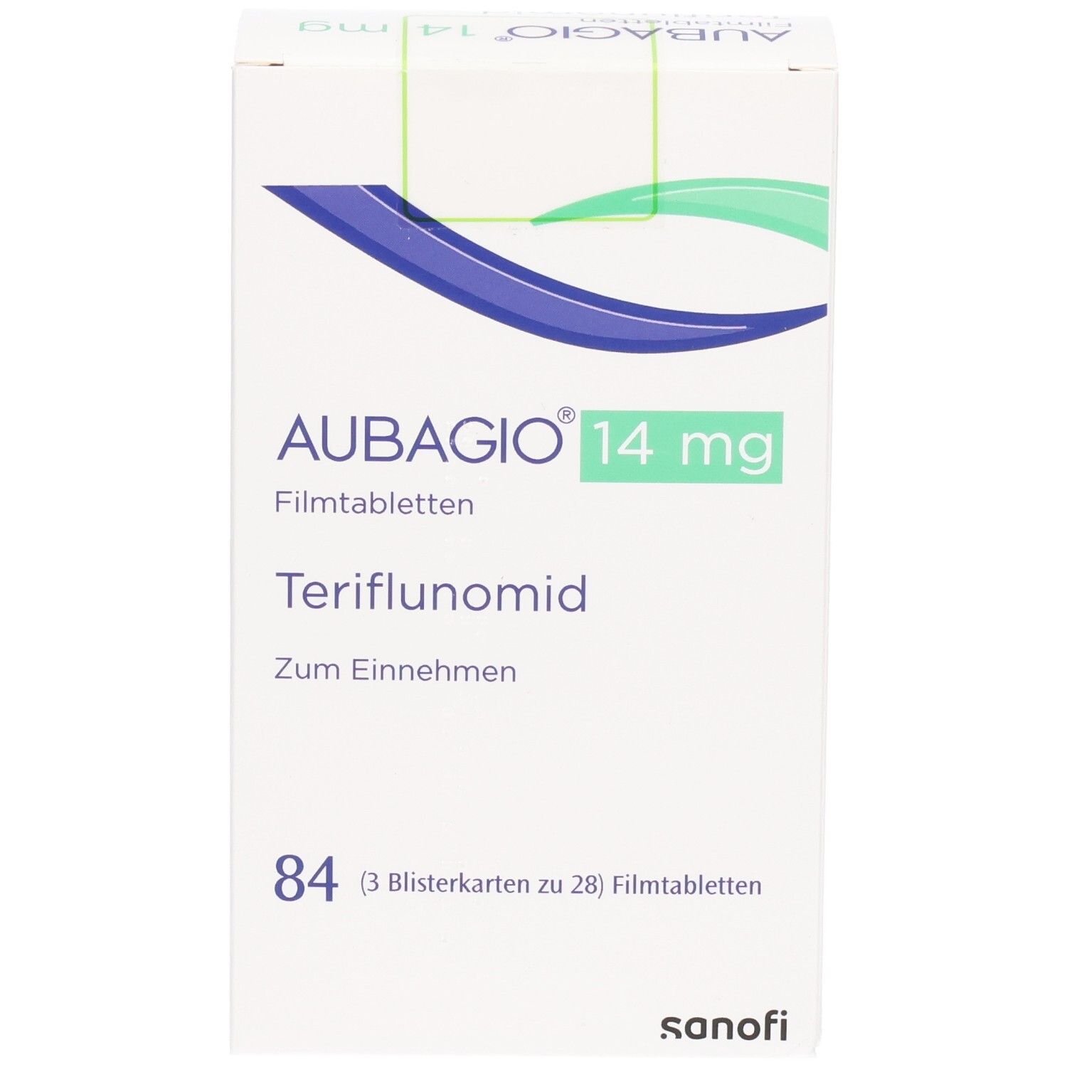 AUBAGIO 14 mg Filmtabletten-Packung. Aufschrift: Teriflunomid. Enthält 84 Filmtabletten. Sanofi-Logo.