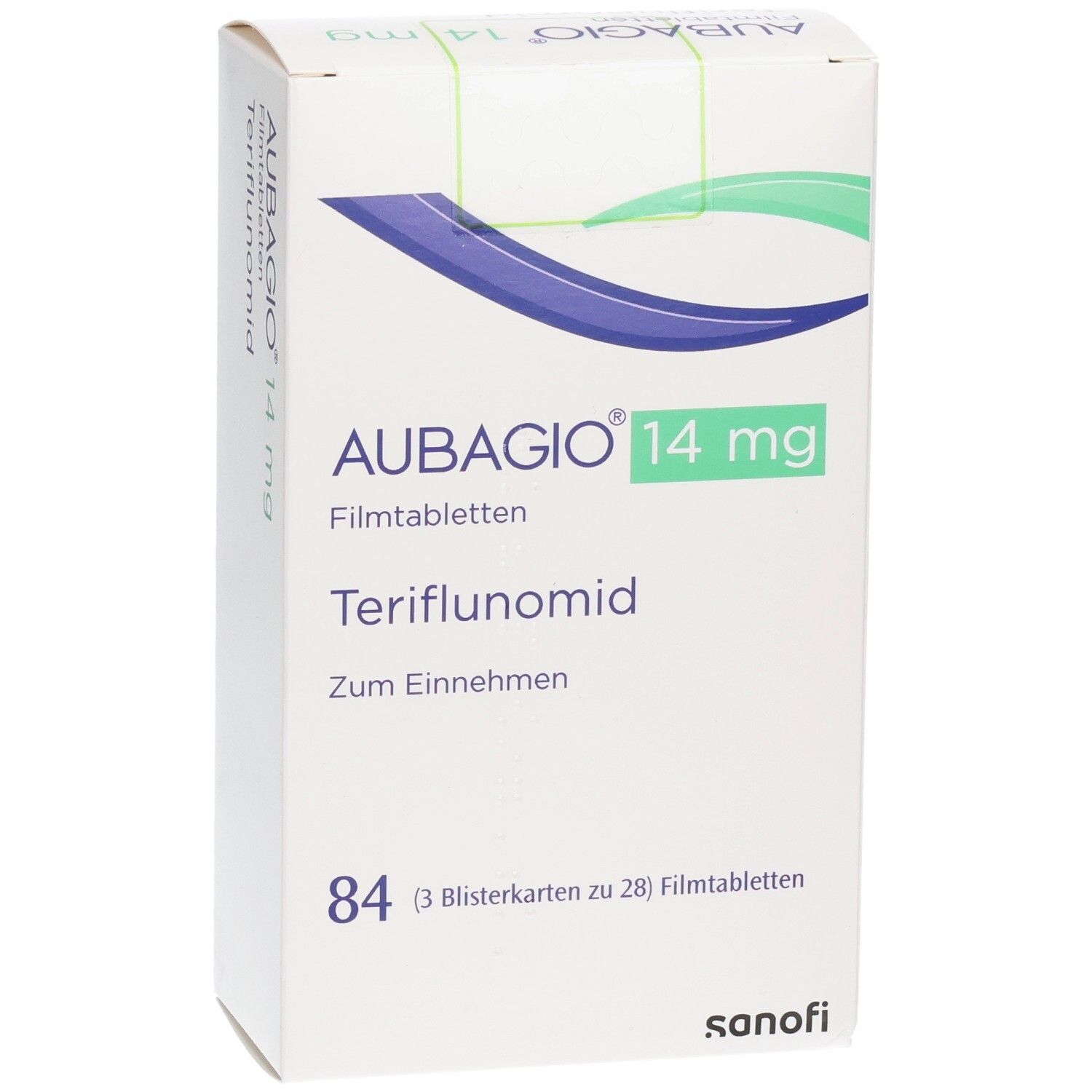 AUBAGIO 14 mg Filmtabletten-Packung. Aufschrift: Teriflunomid. Enthält 84 Filmtabletten. Sanofi-Logo.