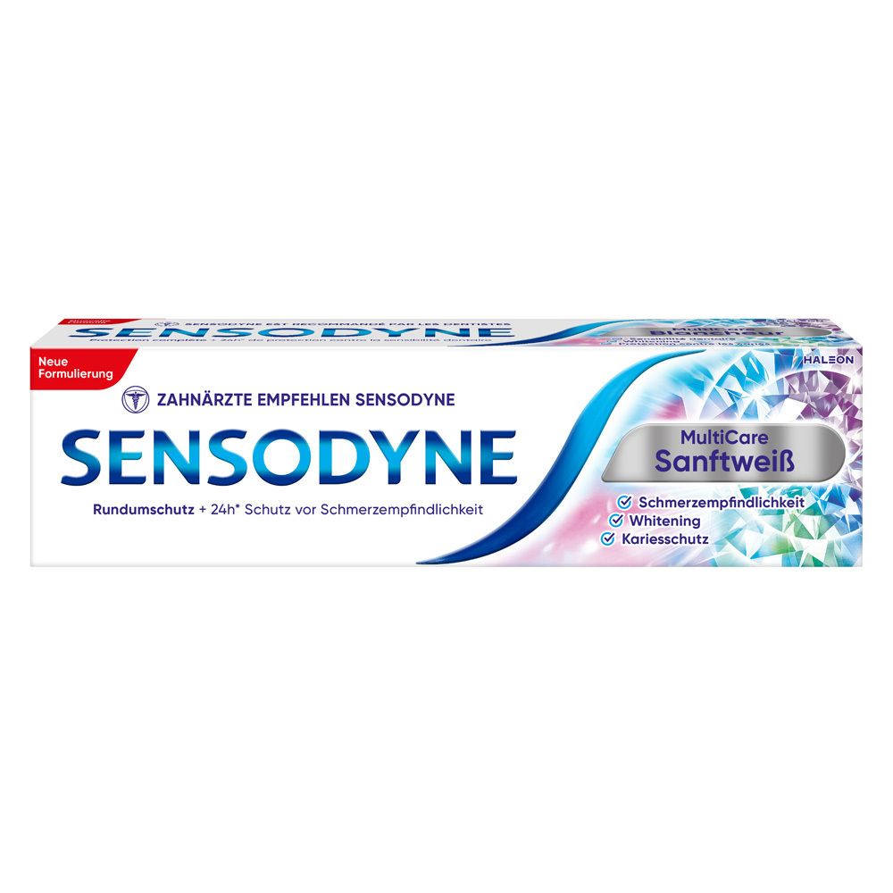 Zahnpasta-Tube Sensodyne MultiCare Sanftweiß. Weiß-blaue Tube mit Produktnamen und Logo. Verpackung mit Produktnamen.