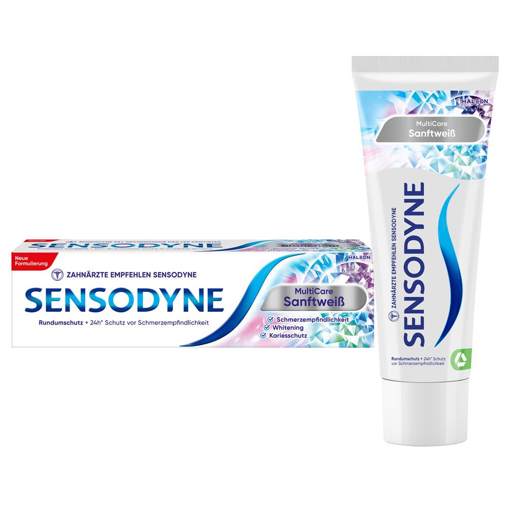 Zahnpasta-Tube und -Verpackung Sensodyne MultiCare Sanftweiß. Tube und Schachtel mit Produktnamen und Logo.
