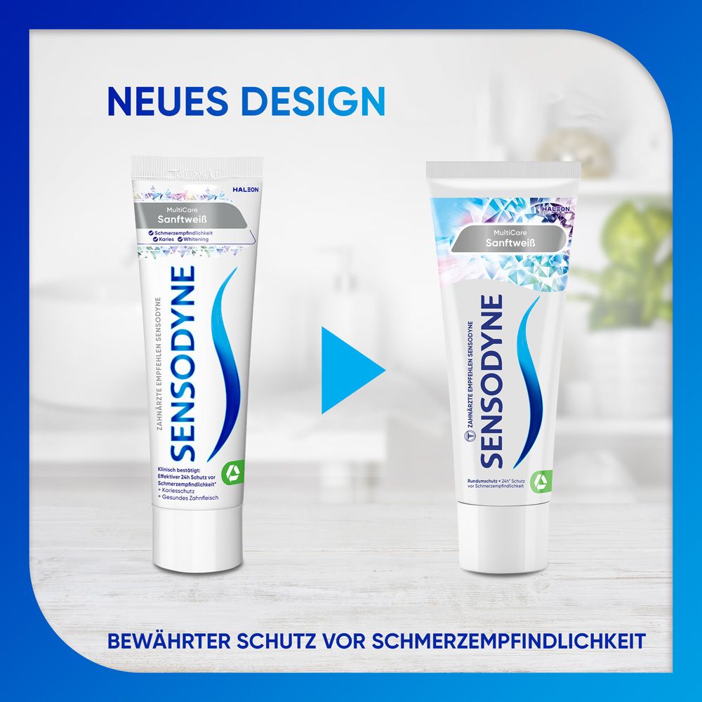 Zahnpasta-Tuben Sensodyne MultiCare Sanftweiß. Neues und aktuelles Design. Produktname und Logo sichtbar.