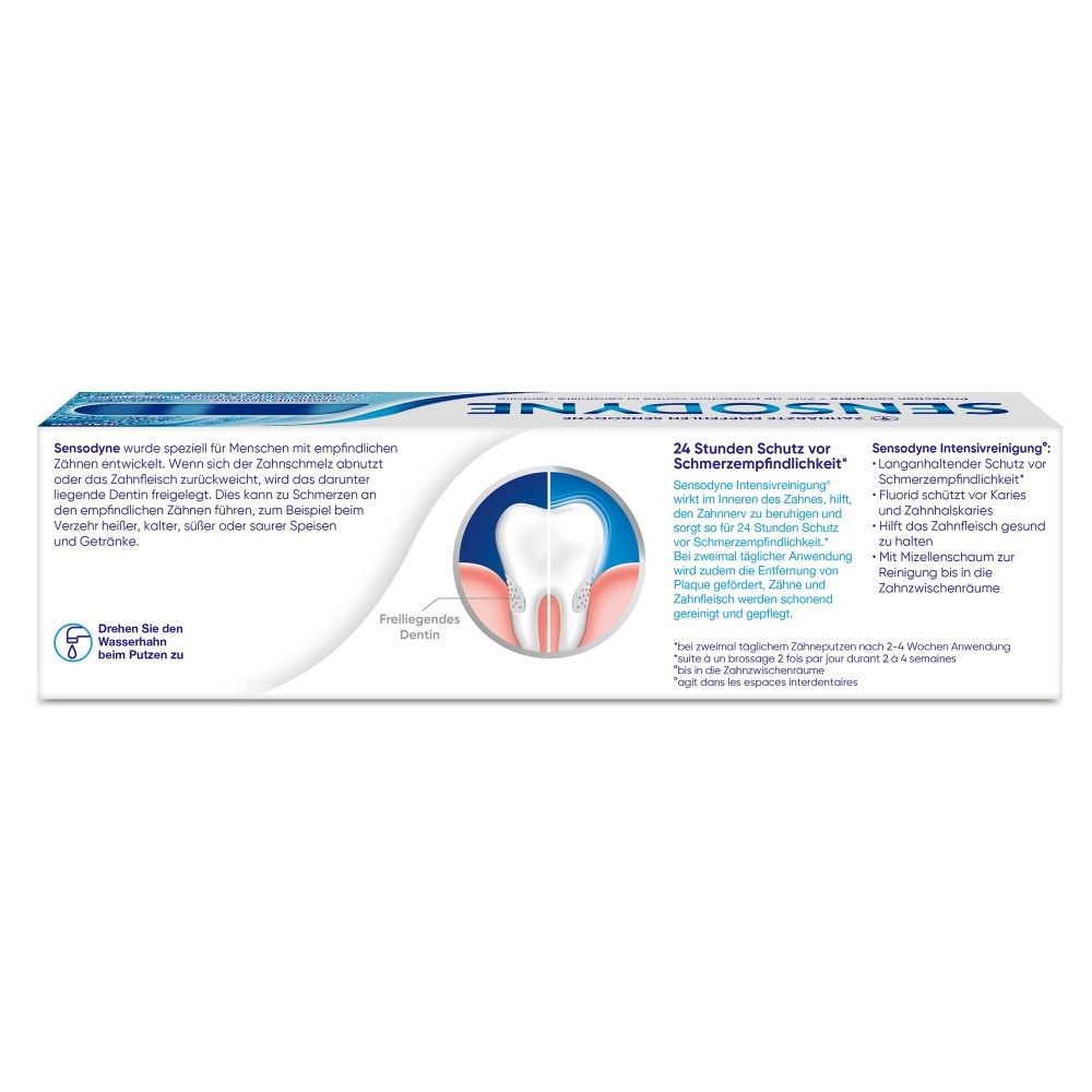 Sensodyne Intensivreinigung Zahnpasta-Tube mit Informationen zu Schmerzempfindlichkeit und 24h Schutz.