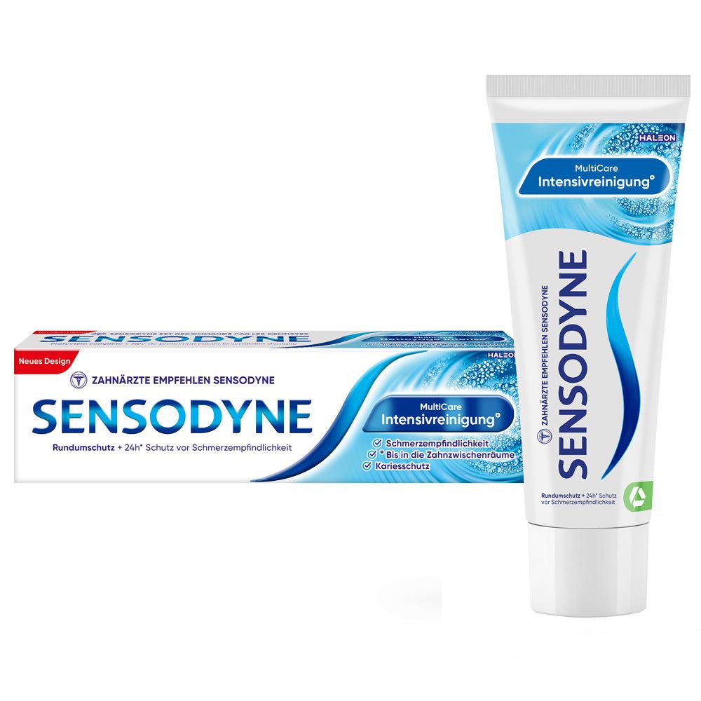 Zahnpasta-Tube und -Verpackung. Marke Sensodyne, MultiCare Intensivreinigung. Produkt neben Verpackung.