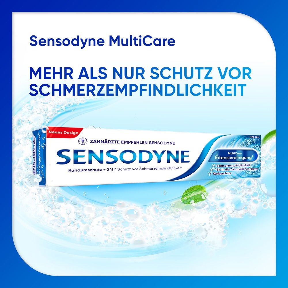 Sensodyne MultiCare Zahnpasta-Tube auf blauem Hintergrund. Text: Mehr als nur Schutz vor Schmerzempfindlichkeit. Produktname und Logo.