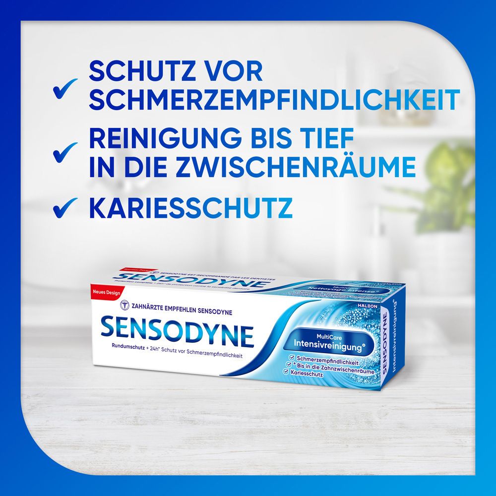 Verpackung von Sensodyne MultiCare Intensivreinigung. Text: Schutz vor Schmerzempfindlichkeit, Reinigung, Kariesschutz.