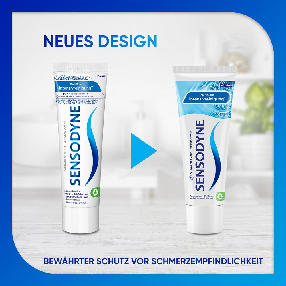 Zahnpasta-Tuben. Links: Neues Design. Rechts: Bewährter Schutz vor Schmerzempfindlichkeit.