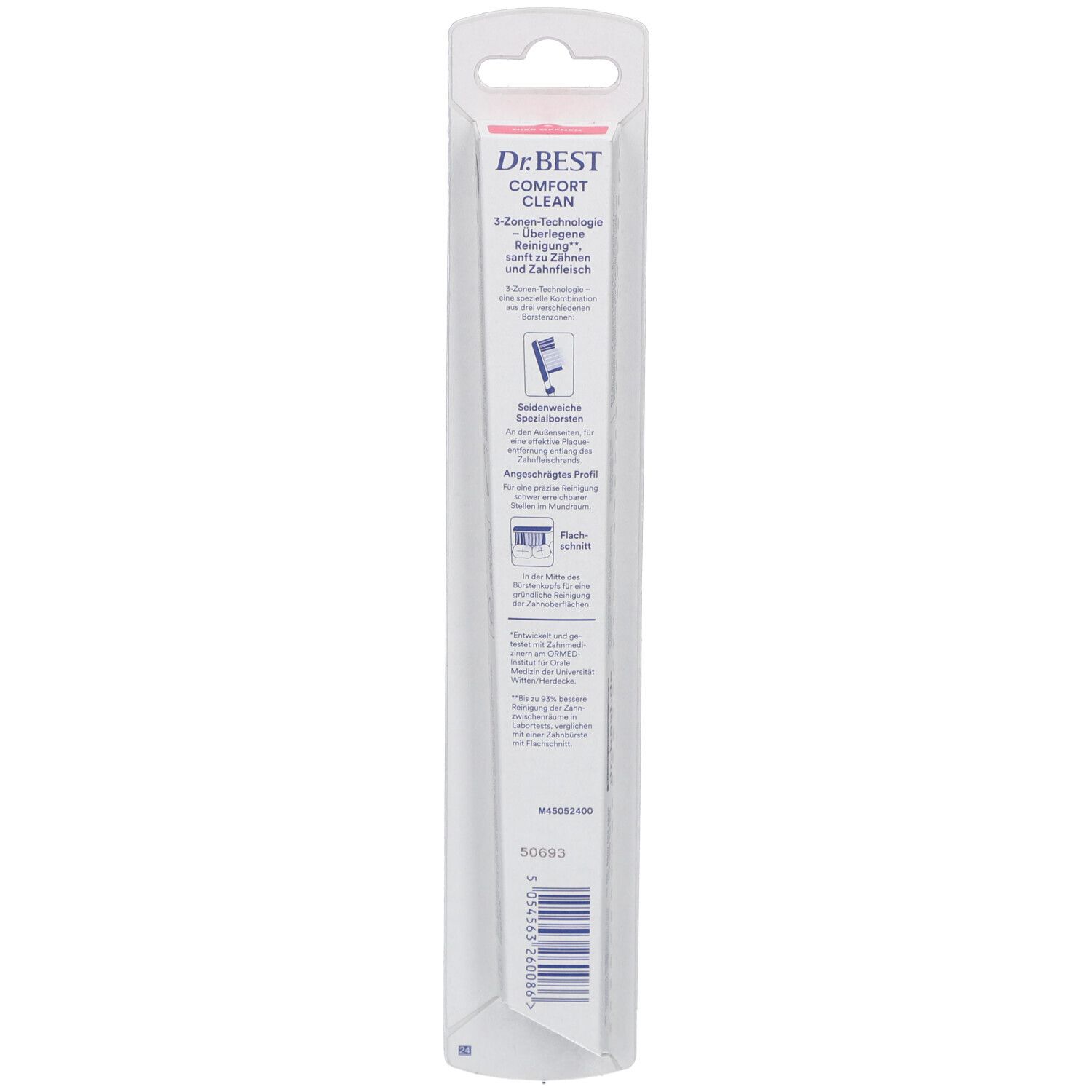 Rückseite der Zahnbürstenverpackung. Text: Comfort Clean, 3-Zonen-Technologie, Dr.BEST. Barcode.