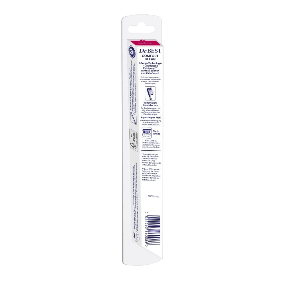 Verpackung einer Dr. BEST Zahnbürste mit Produktinformationen und Barcode.