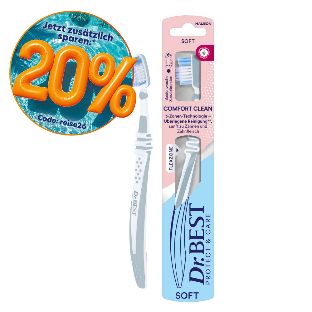 Dr.BEST Comfort Clean Zahnbürste Soft, 3-Zonen-Technologie, Flexzone. Verpackung mit 20% Spar-Aufkleber.