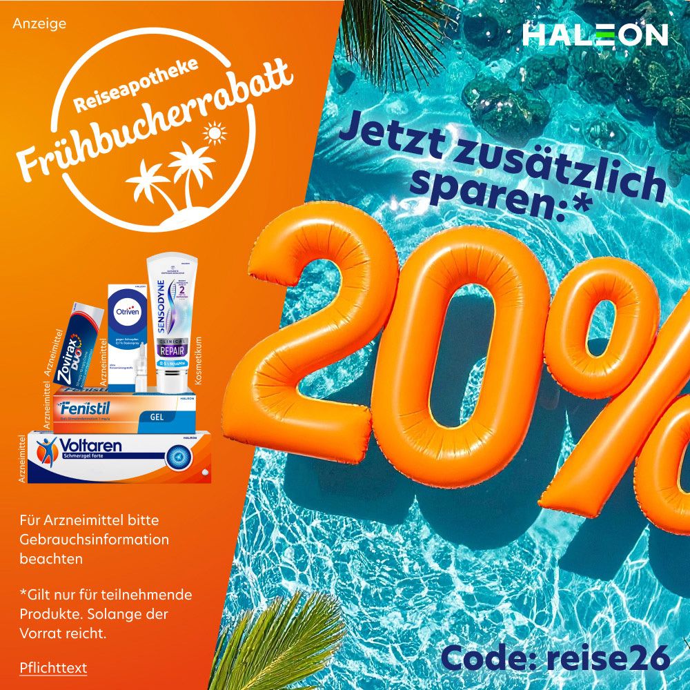 Werbeanzeige mit Reiseapotheke, Frühbucherrabatt und 20% Spar-Angebot auf einem Wasserhintergrund.