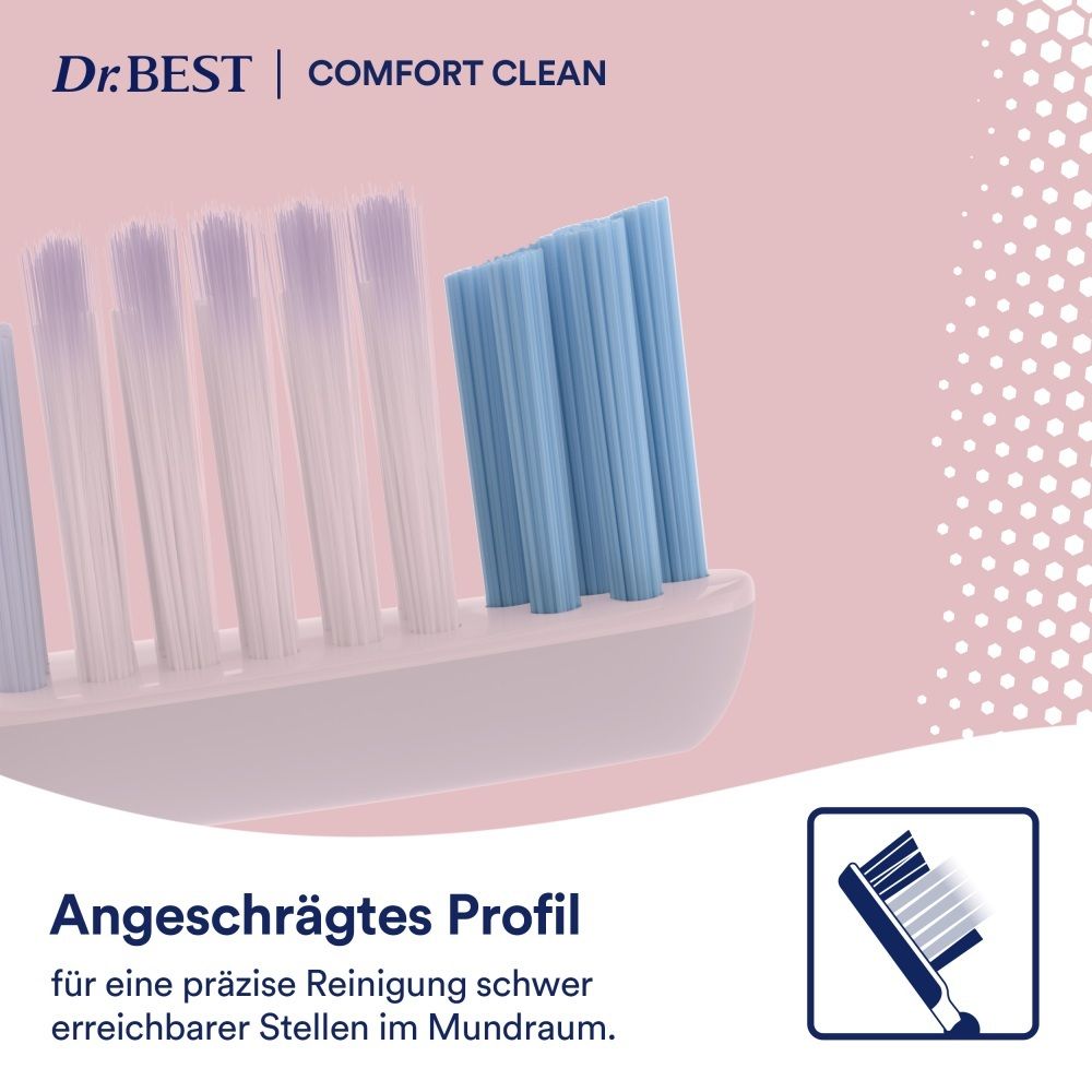 Nahaufnahme der Borsten einer Zahnbürste mit schrägem Profil und blauen und violetten Borsten.