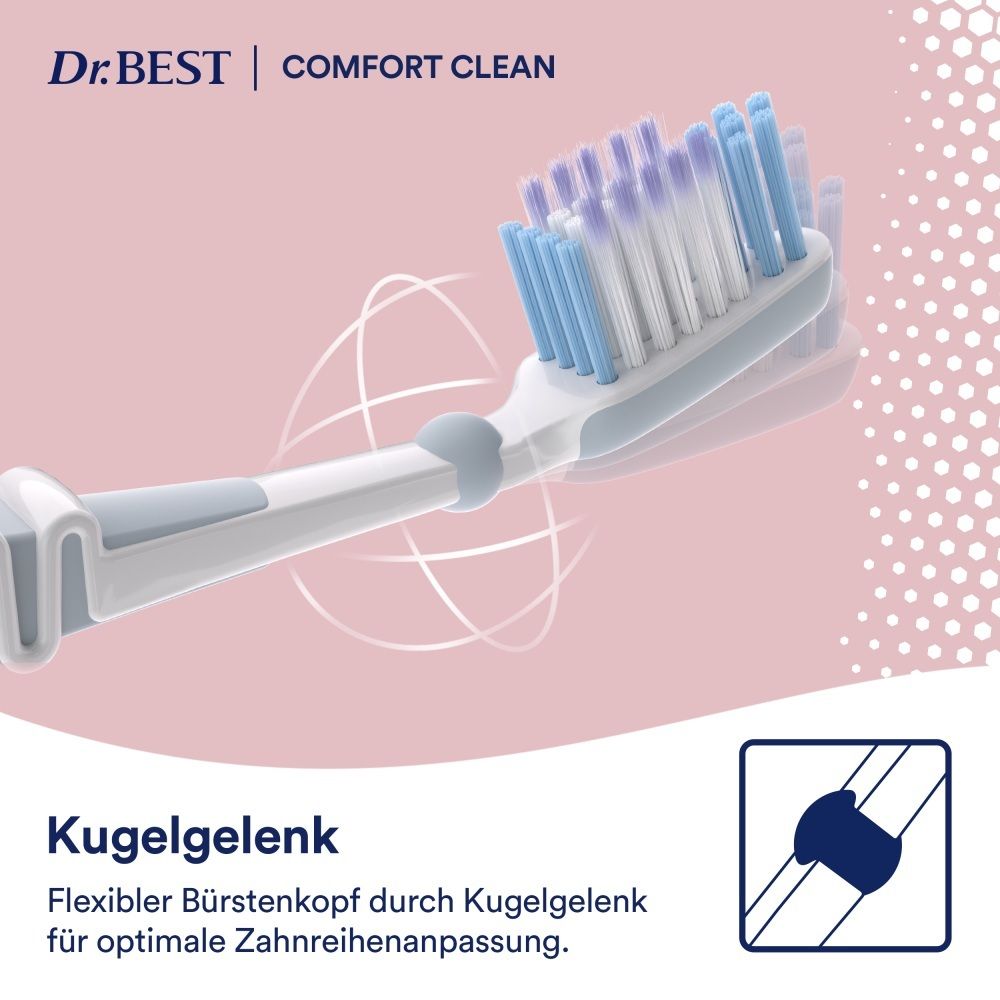 Zahnbürste mit flexiblem Bürstenkopf und blau-weißen Borsten. Griff ist weiß und grau.