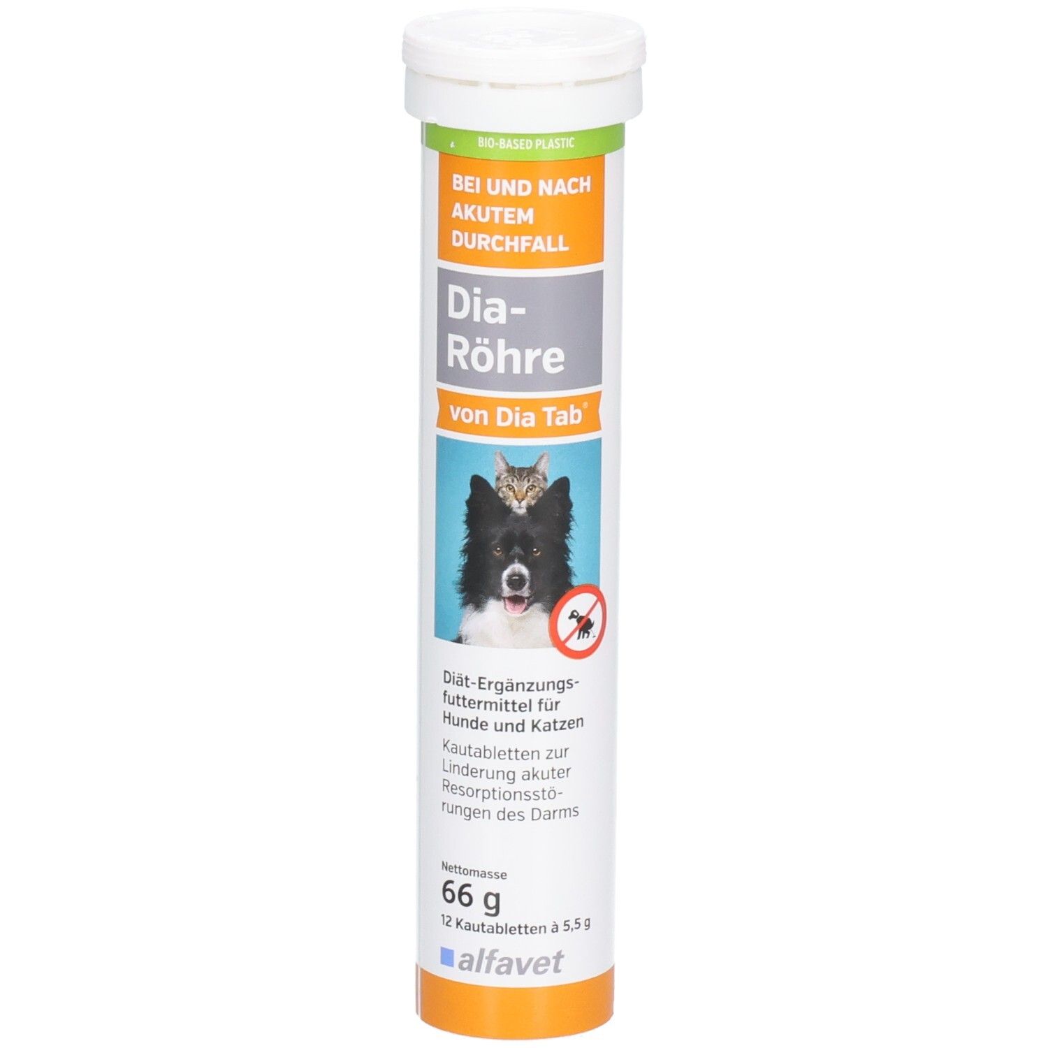 Zylindrische Tube mit Kautabletten für Hunde und Katzen. Aufdruck: Dia-Röhre, Logo, Bild von Hund und Katze.