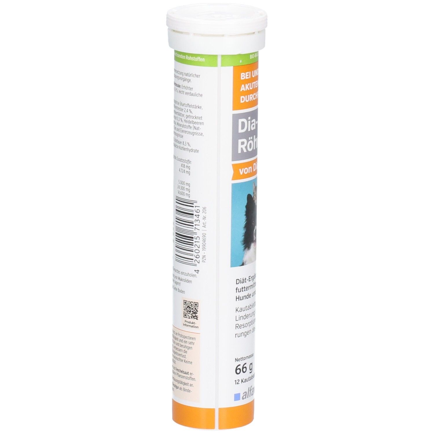 Rückseite der Tube mit Kautabletten. Text mit Inhaltsstoffen und Herstellerinformationen. Barcode und QR-Code.
