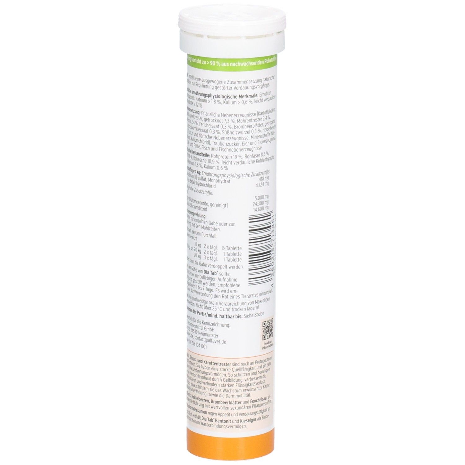 Rückseite der Tube mit Kautabletten. Text mit Inhaltsstoffen und Herstellerinformationen. Detailansicht.