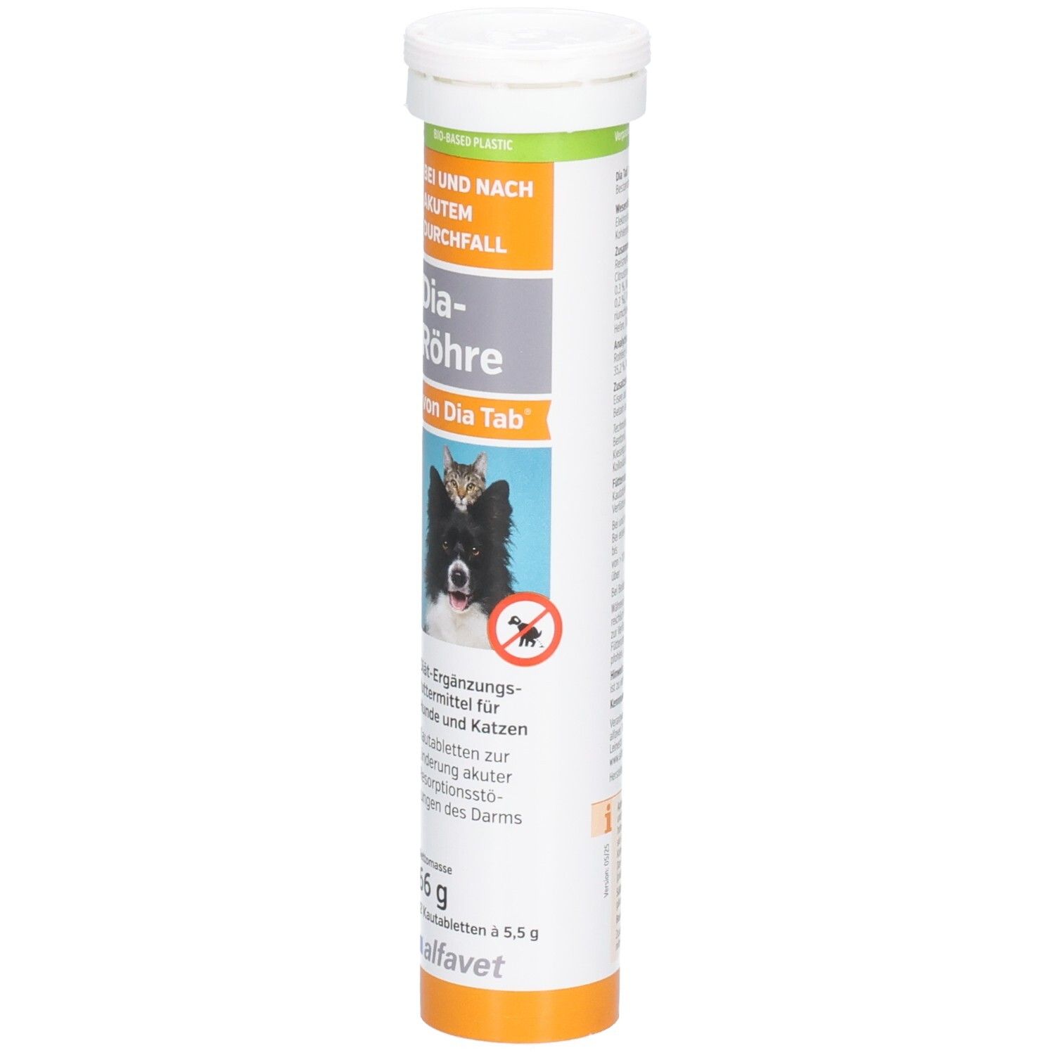 Zylindrische Tube mit Kautabletten. Aufdruck: Dia-Röhre, Logo, Bild von Hund und Katze. Orangefarbener Streifen.