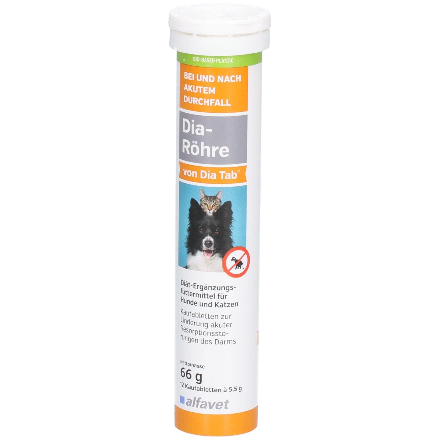 Zylindrische Tube mit Kautabletten für Hunde und Katzen. Aufdruck: Dia-Röhre, Logo, Bild von Hund und Katze.