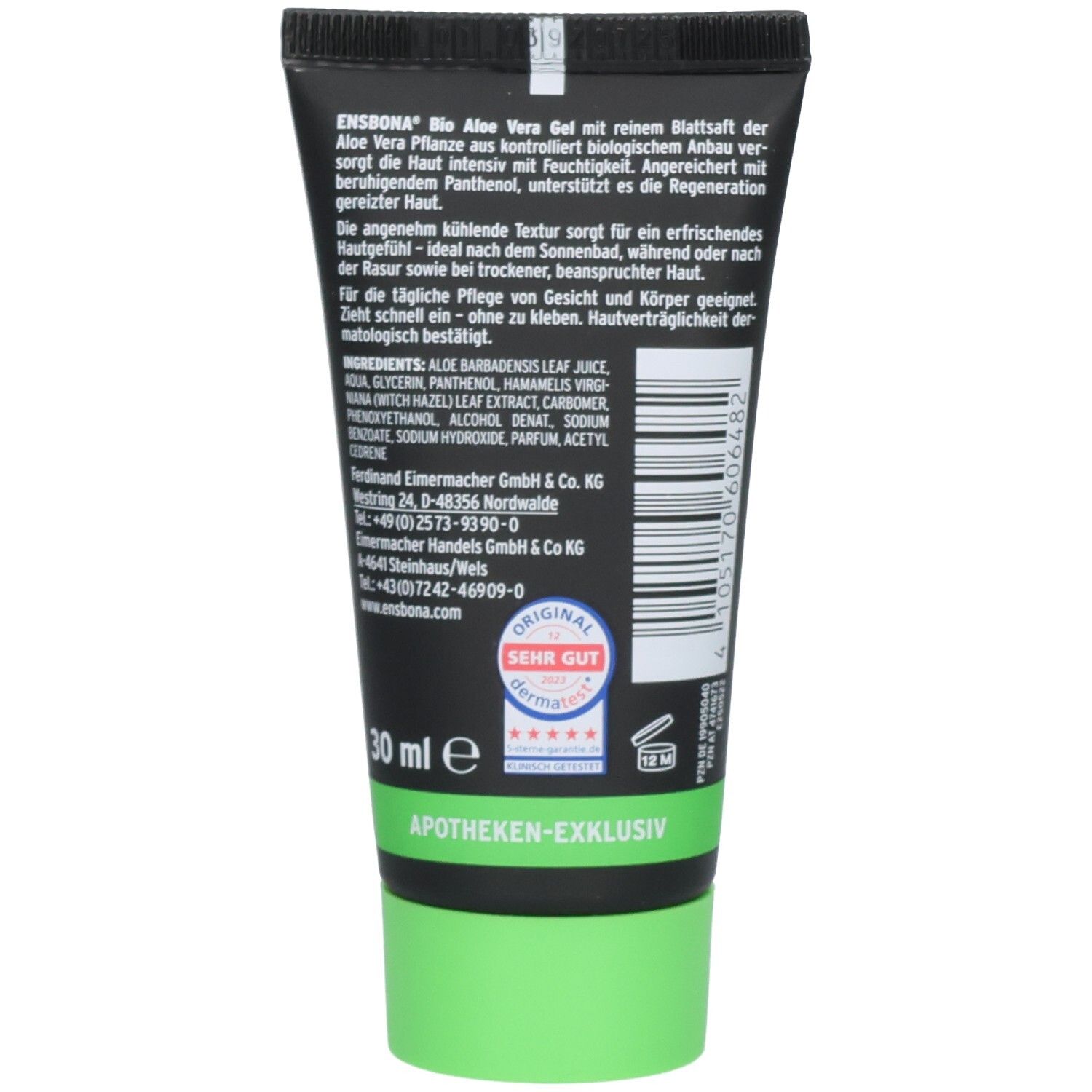 Rückseite der Tube Ensbona® Bio Aloe Vera Gel. Text, Inhaltsstoffe, Herstellerangaben. Grüner Deckel. Apotheken-exklusiv.