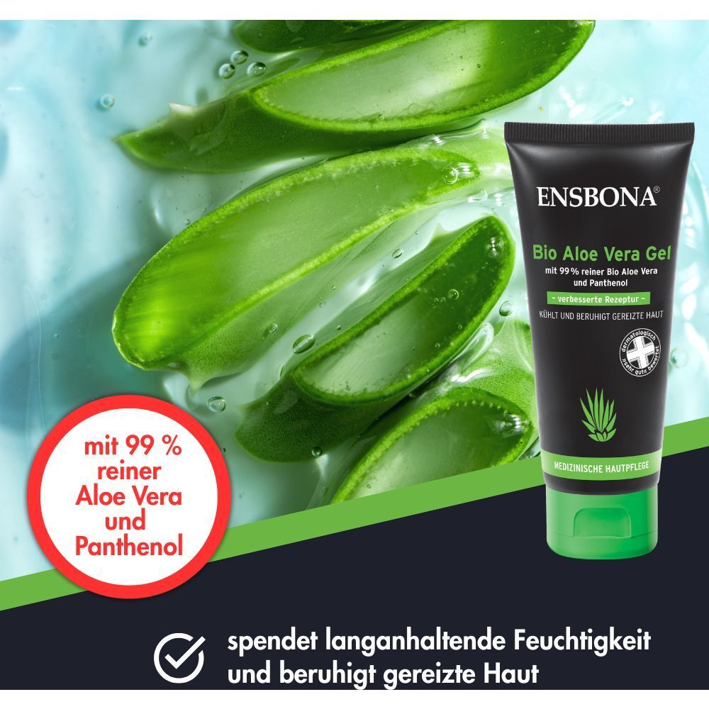 Ensbona Bio Aloe Vera Gel Tube mit Aloe Vera Blättern und Panthenol. Spendet Feuchtigkeit und beruhigt.