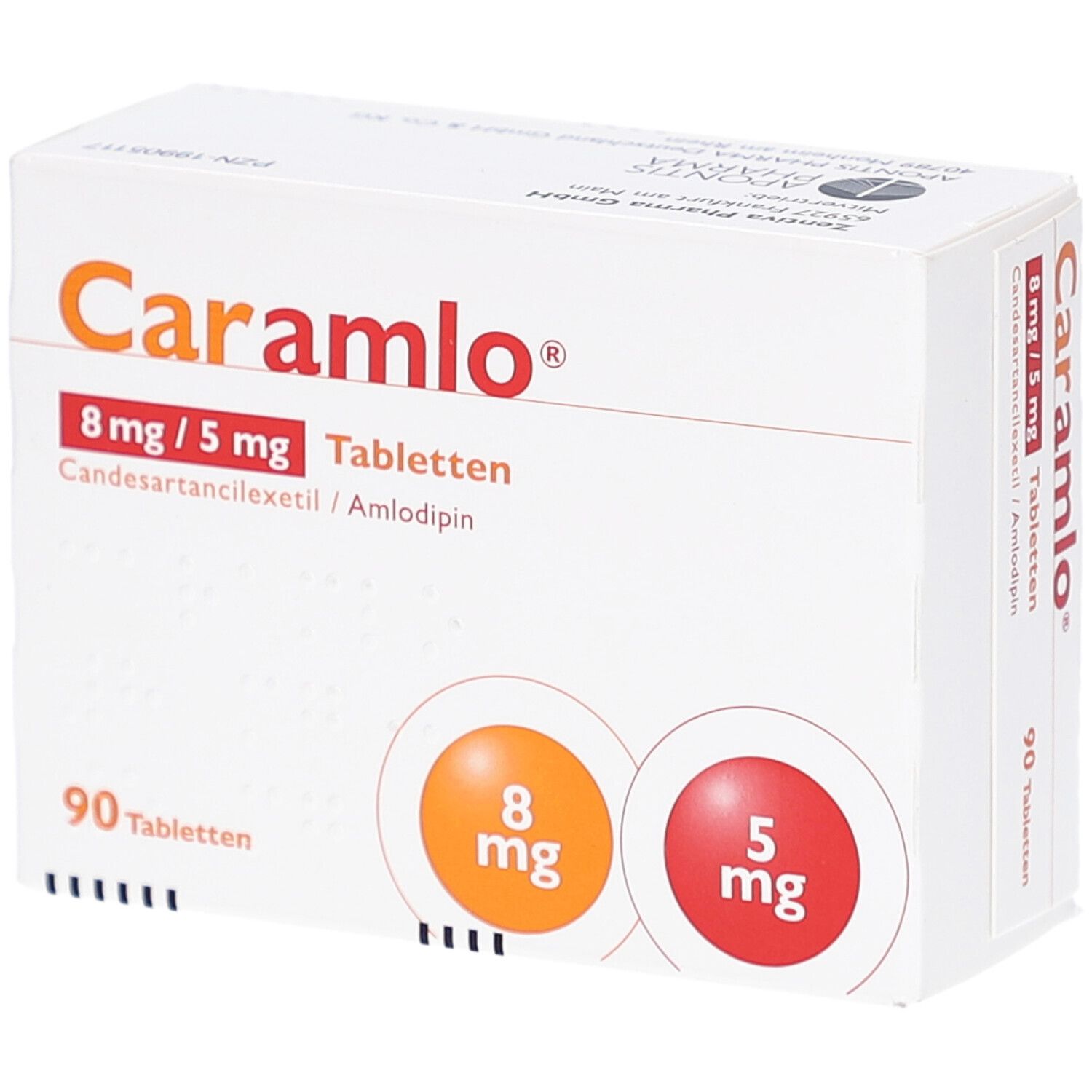 Weiße Tablettenbox mit orangefarbenem und rotem Kreis. Aufschrift: Caramlo 8 mg/5 mg Tabletten. 90 Tabletten.