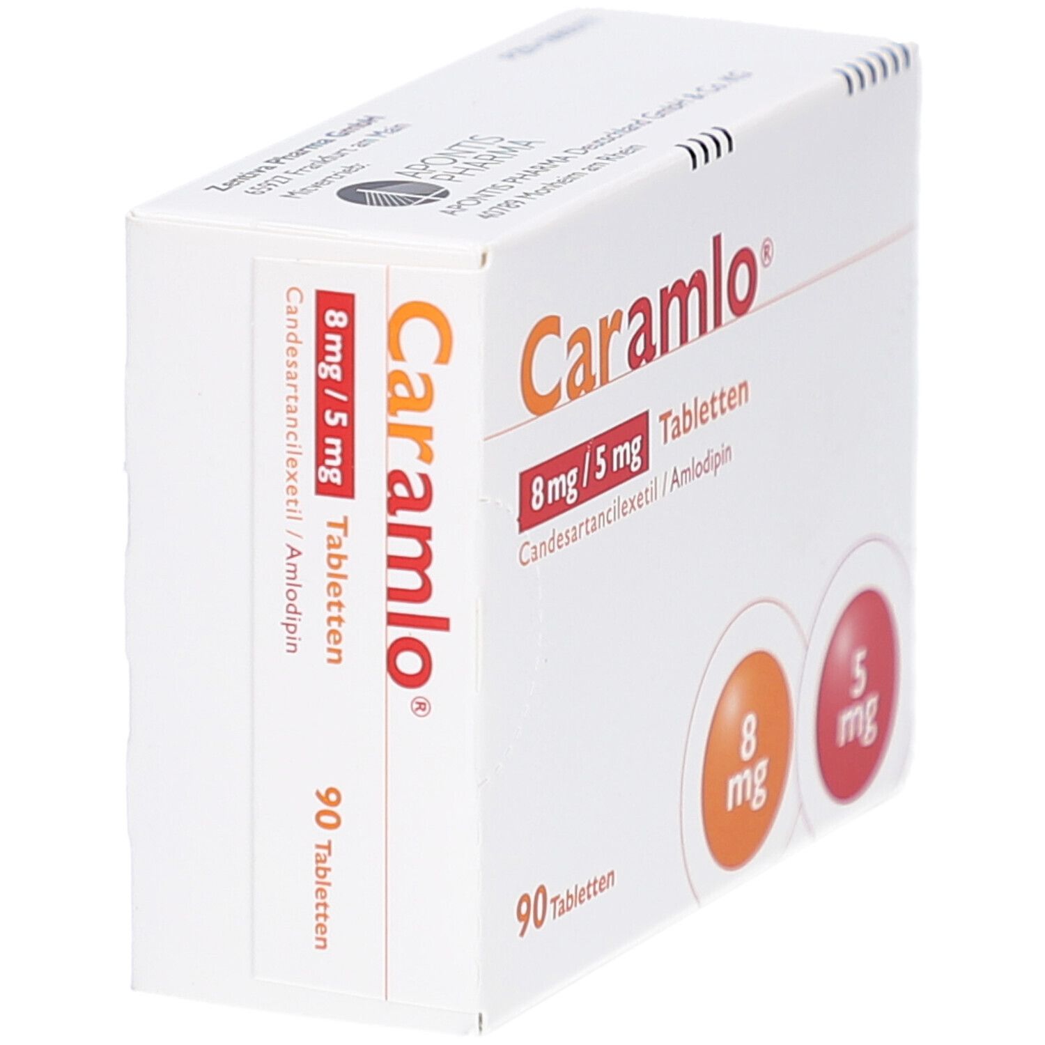 Weiße Tablettenbox mit orangefarbenem und rotem Kreis. Aufschrift: Caramlo 8 mg/5 mg Tabletten. 90 Tabletten.