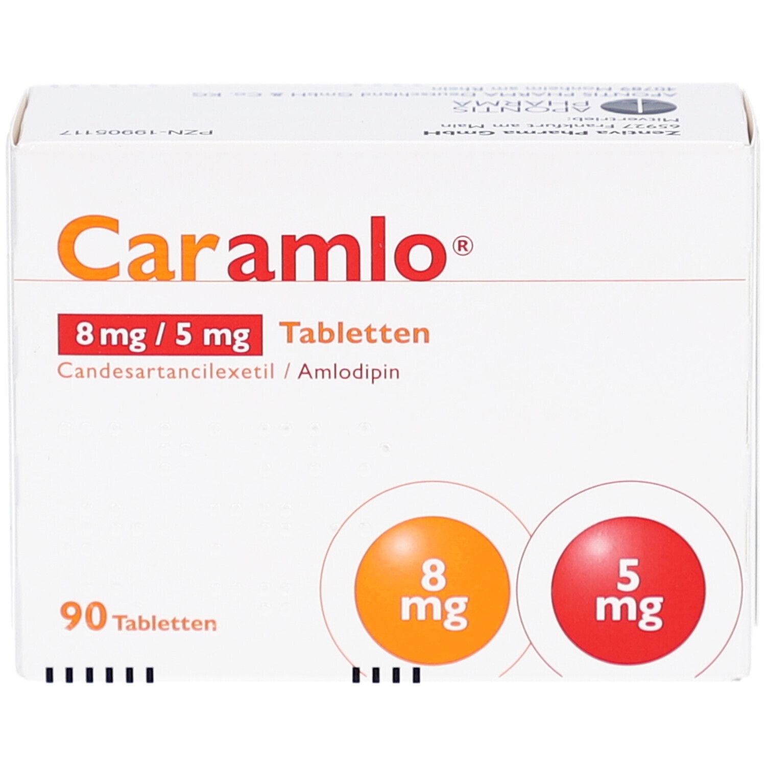 Weiße Tablettenbox mit orangefarbenem und rotem Kreis. Aufschrift: Caramlo 8 mg/5 mg Tabletten. 90 Tabletten.