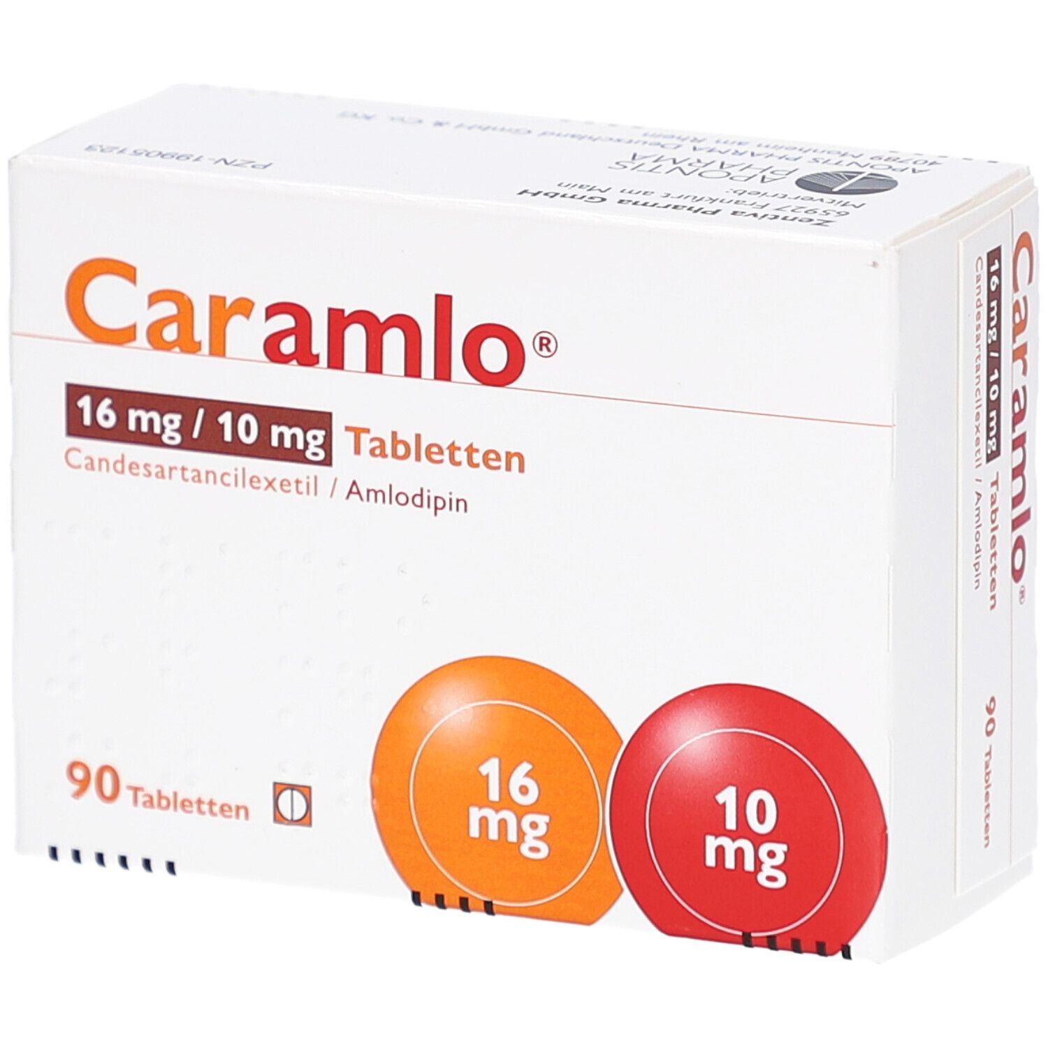 Schachtel mit CARAMLO 16 mg/10 mg Tabletten. Orange und rote Kreise mit Dosierungsangaben. 90 Tabletten.