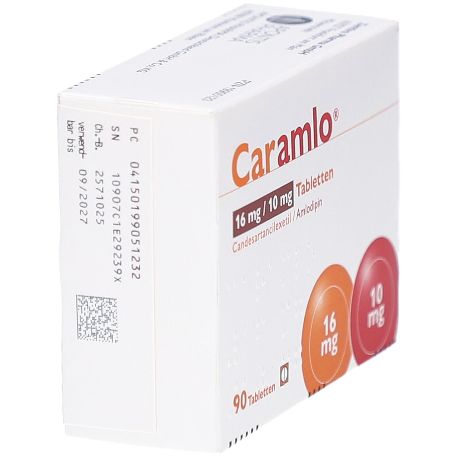Schachtel CARAMLO 16 mg/10 mg Tabletten. Seitenansicht mit Produktinformationen und Chargennummer. 90 Tabletten.