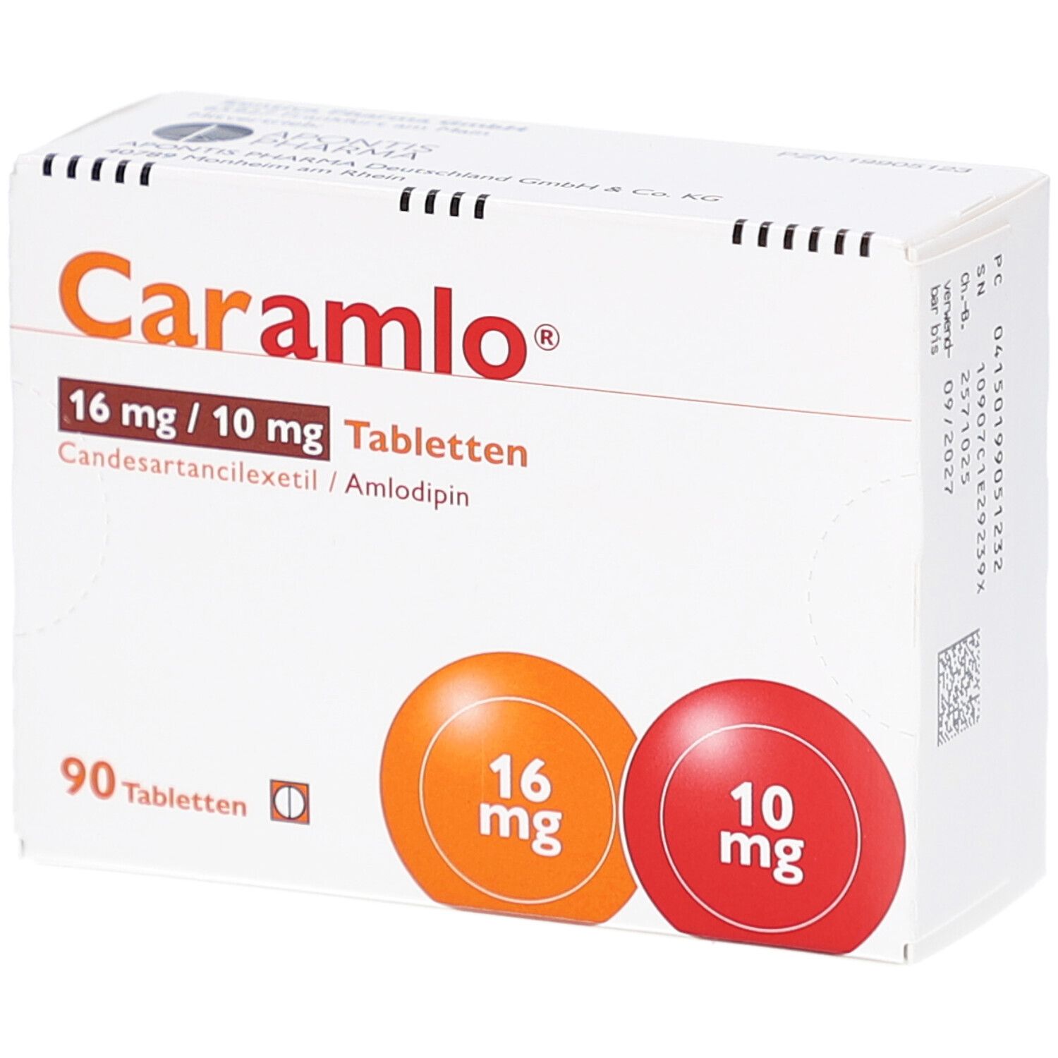 Schachtel CARAMLO 16 mg/10 mg Tabletten. Ansicht von oben mit Produktinformationen und Dosierungsangaben. 90 Tabletten.