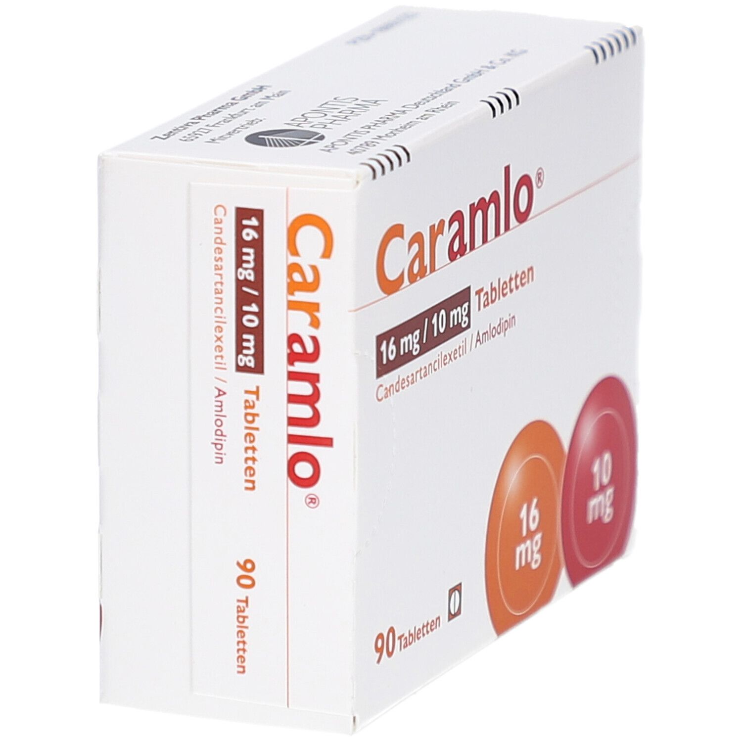 Schachtel CARAMLO 16 mg/10 mg Tabletten. Schräge Ansicht mit Produktinformationen und Dosierungsangaben. 90 Tabletten.