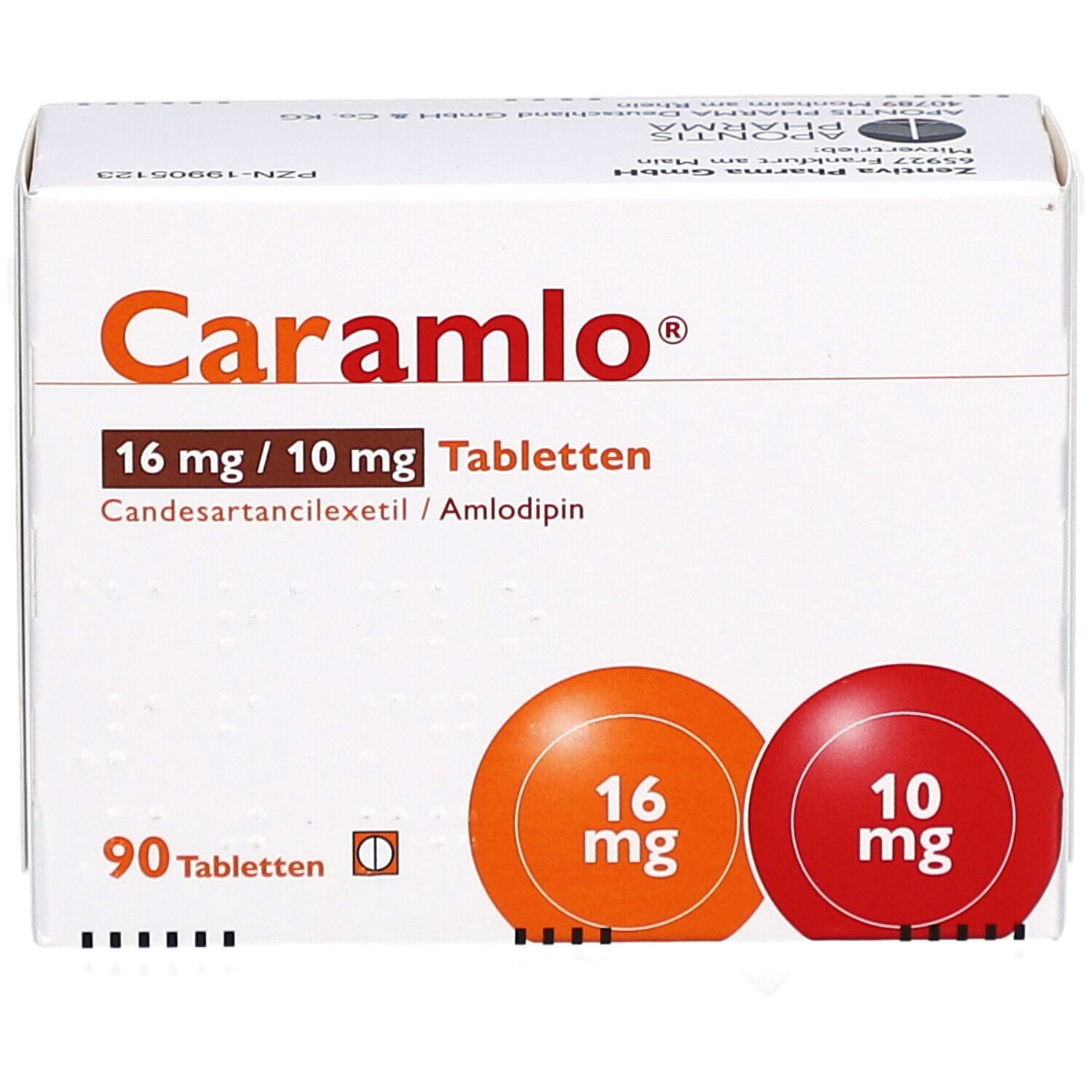 Schachtel CARAMLO 16 mg/10 mg Tabletten. Vorderansicht mit Produktinformationen und Dosierungsangaben. 90 Tabletten.