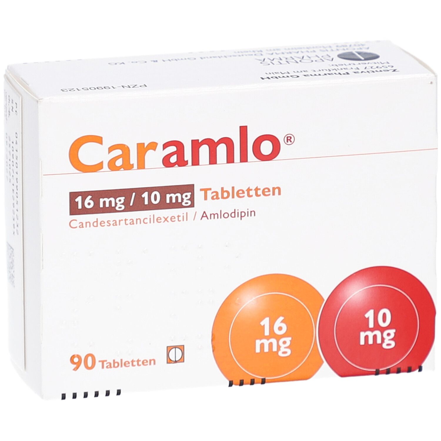 Schachtel CARAMLO 16 mg/10 mg Tabletten. Vorderansicht mit Produktinformationen und Dosierungsangaben. 90 Tabletten.
