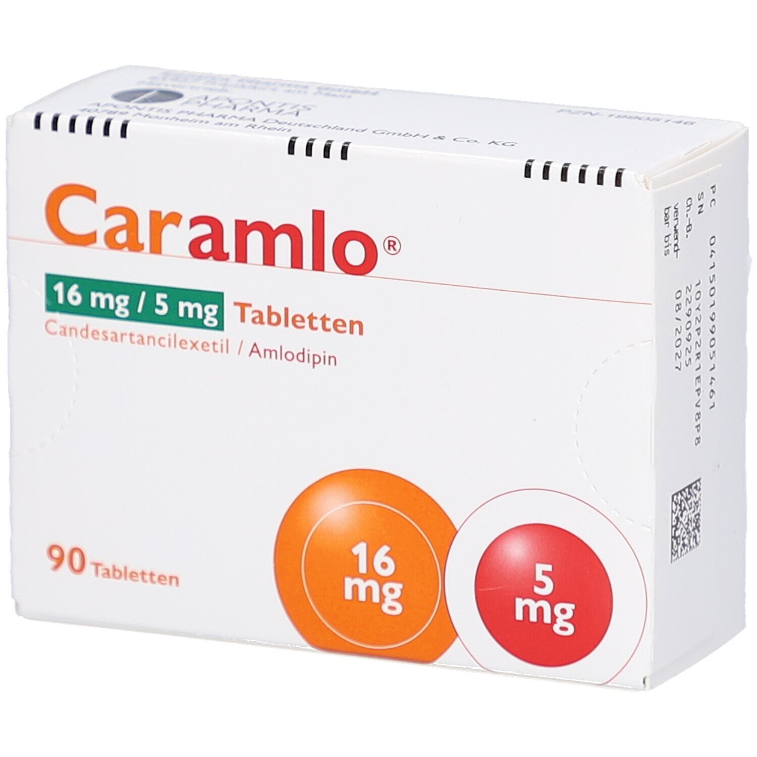 Schachtel mit CARAMLO 16 mg/5 mg Tabletten. Aufdruck: 90 Tabletten, 16 mg, 5 mg. Inhaltsstoffe: Candesartancilexetil/Amlodipin.