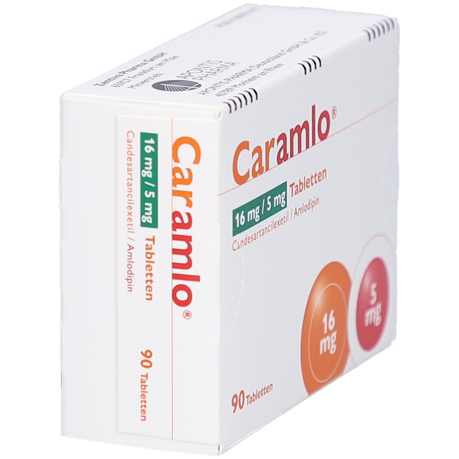 Schachtel CARAMLO 16 mg/5 mg Tabletten. Aufdruck: 90 Tabletten, 16 mg, 5 mg. Inhaltsstoffe: Candesartancilexetil/Amlodipin. Seitenansicht.