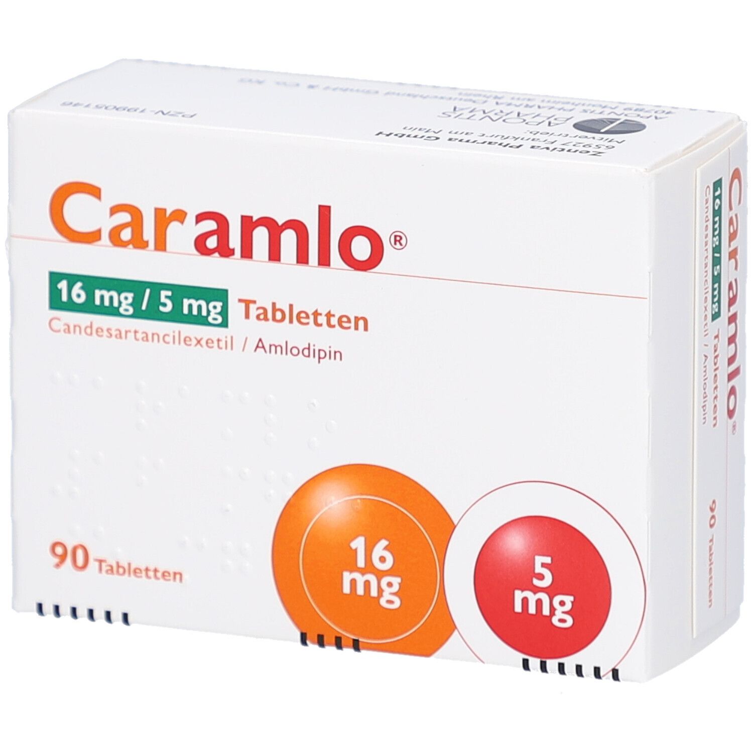 Schachtel mit CARAMLO 16 mg/5 mg Tabletten. Aufdruck: 90 Tabletten, 16 mg, 5 mg. Inhaltsstoffe: Candesartancilexetil/Amlodipin.