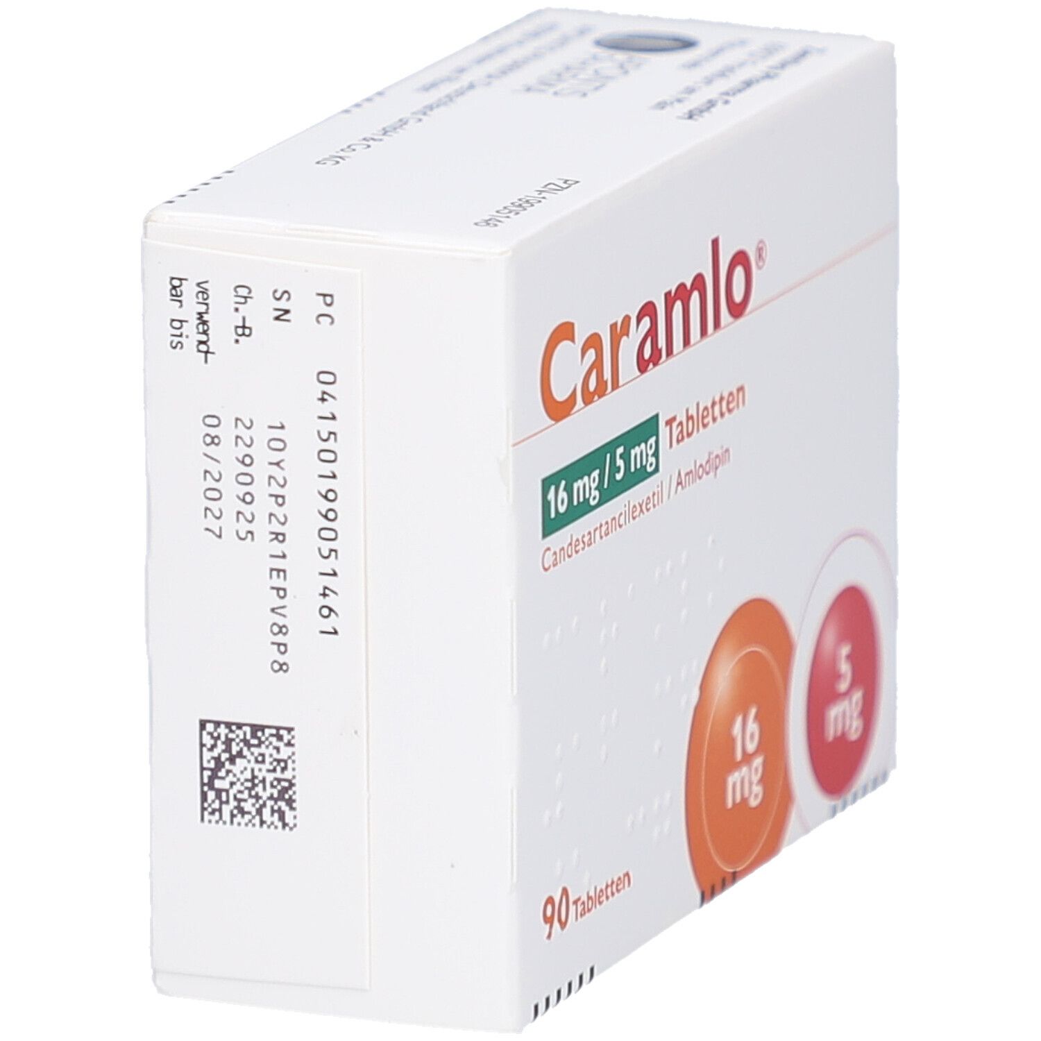 Schachtel CARAMLO 16 mg/5 mg Tabletten. Aufdruck: 90 Tabletten, 16 mg, 5 mg. Inhaltsstoffe: Candesartancilexetil/Amlodipin. Rückseite mit Daten.